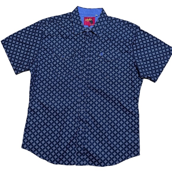 RCCO Rodeo Clothing Co Blue Geometric Cotton Snap Button Down Short Sleeve - Picture 1 of 7
